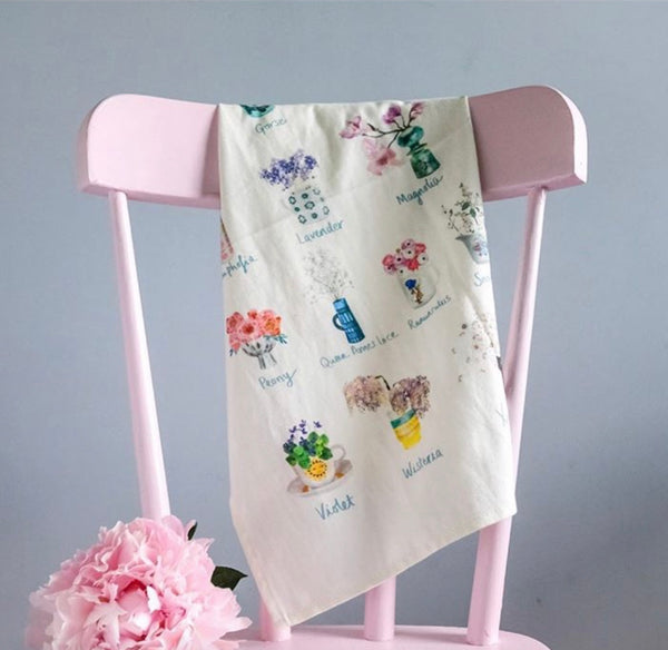 Flower alphabet tea towel