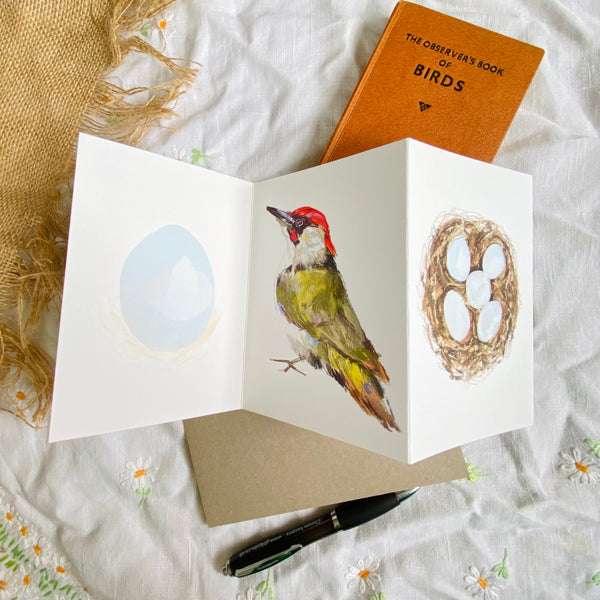 Green Woodpecker British Bird concertina card - Sara Sayer